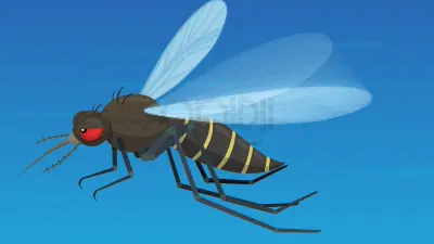 Moustique agressif volant rapidement dans le ciel dans un style cartoon 2D